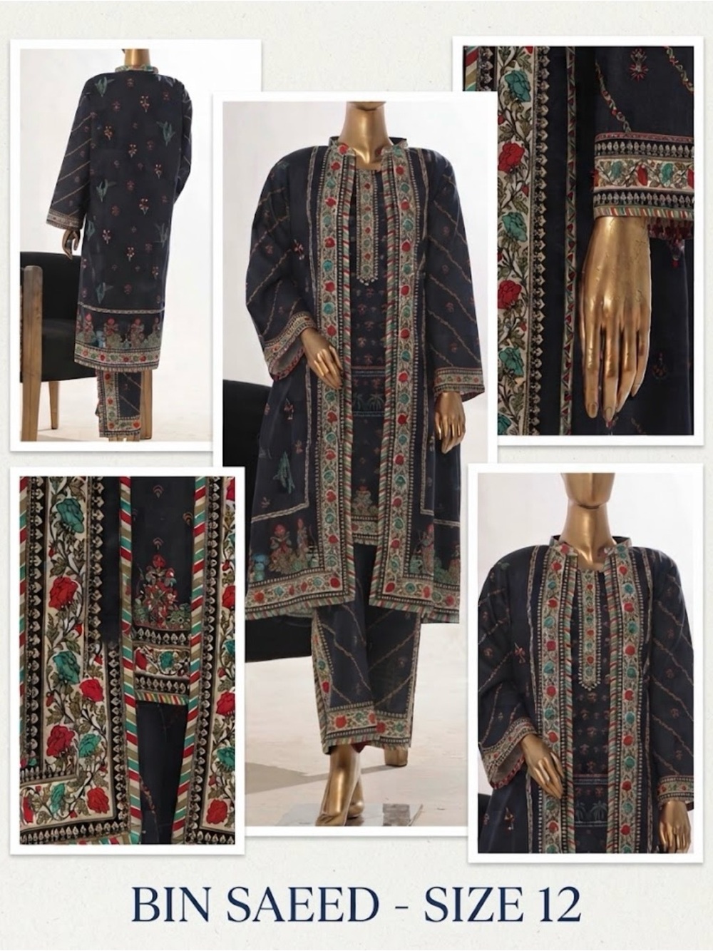 3pc By Bin Saeed Printed Black Ethnic Jacket suit with inner and trouser
